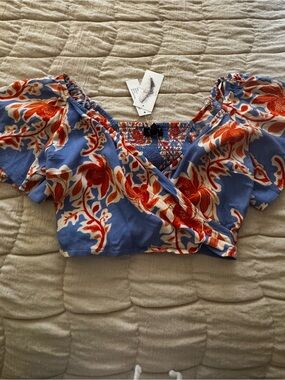 Jessica Simpson Floral Smocked Crop Top Puff Sleeve Blue Orange XS